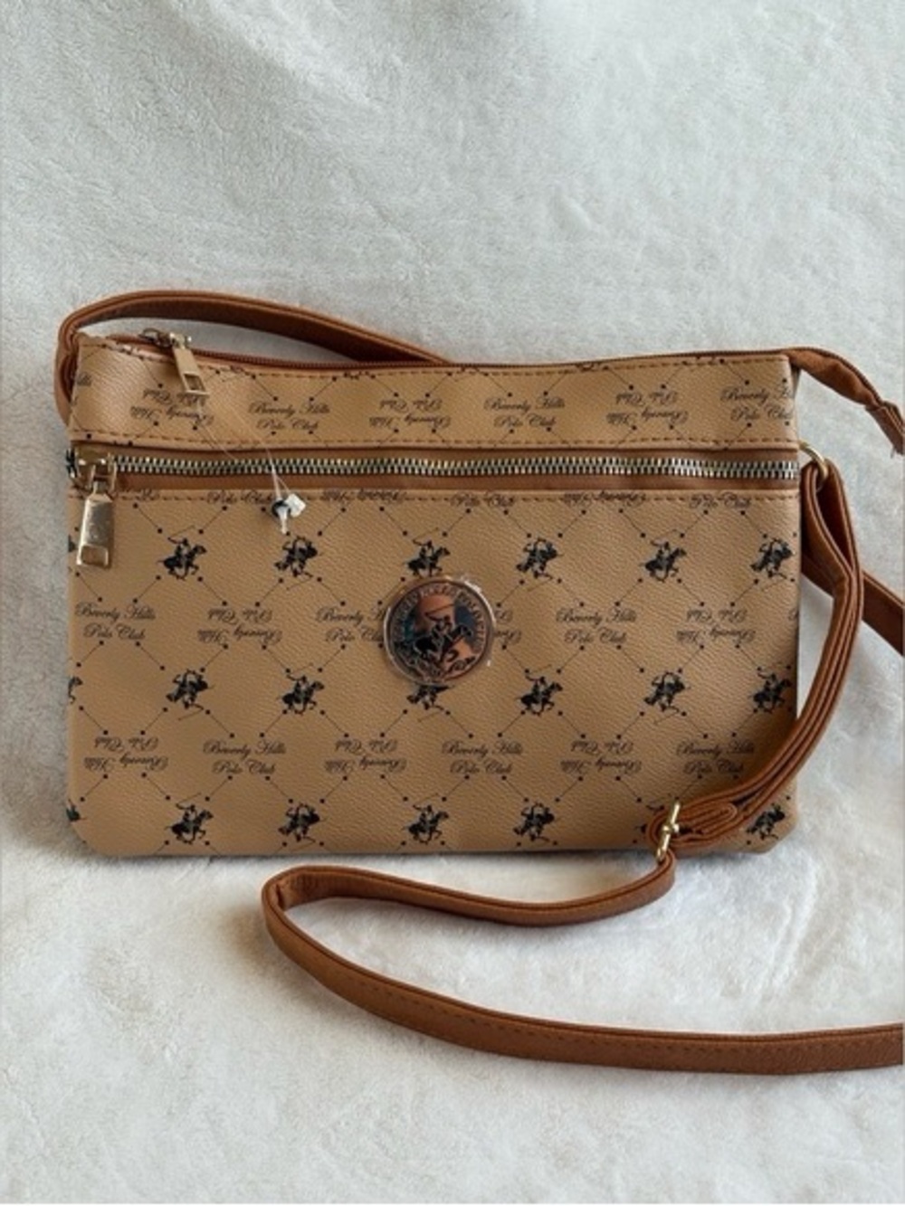NWOT Beverly Hills Polo Club Tan Logo-Print Crossbody with Gold Medallion